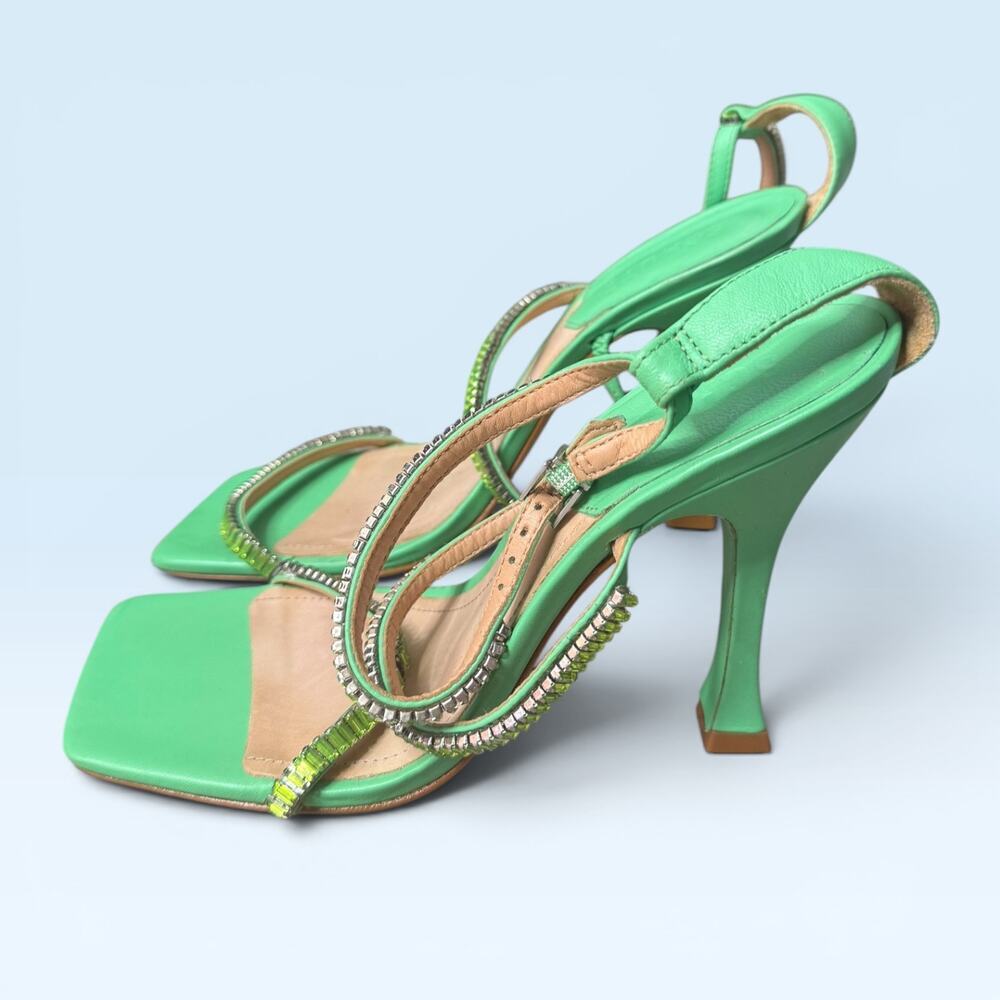 Schutz Green Leather Rhinestone Strappy Heels Sandals Women’s US 9.5B Brazil